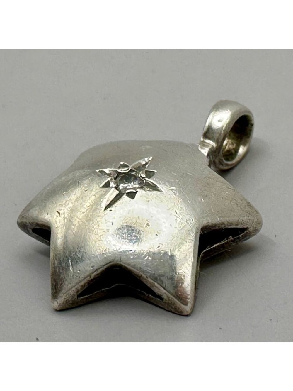 Star Of David Shaped Domed Pendant Sterling Silver Diamond Center Stone Accent